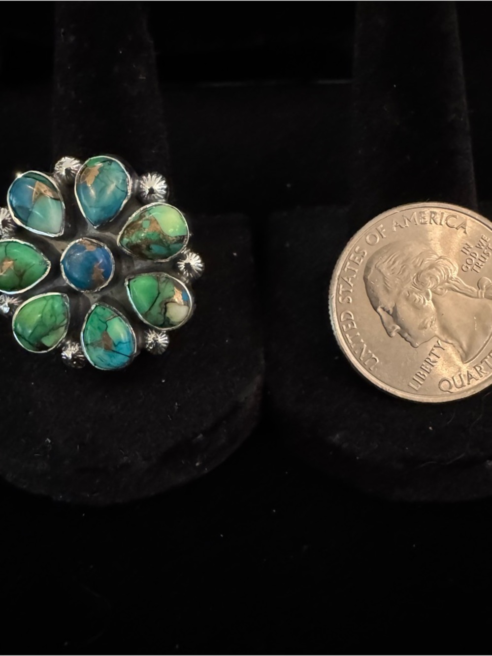 Sterling Silver Turquoise Cluster Statement Ring - Green Blue - Picture 6 of 6